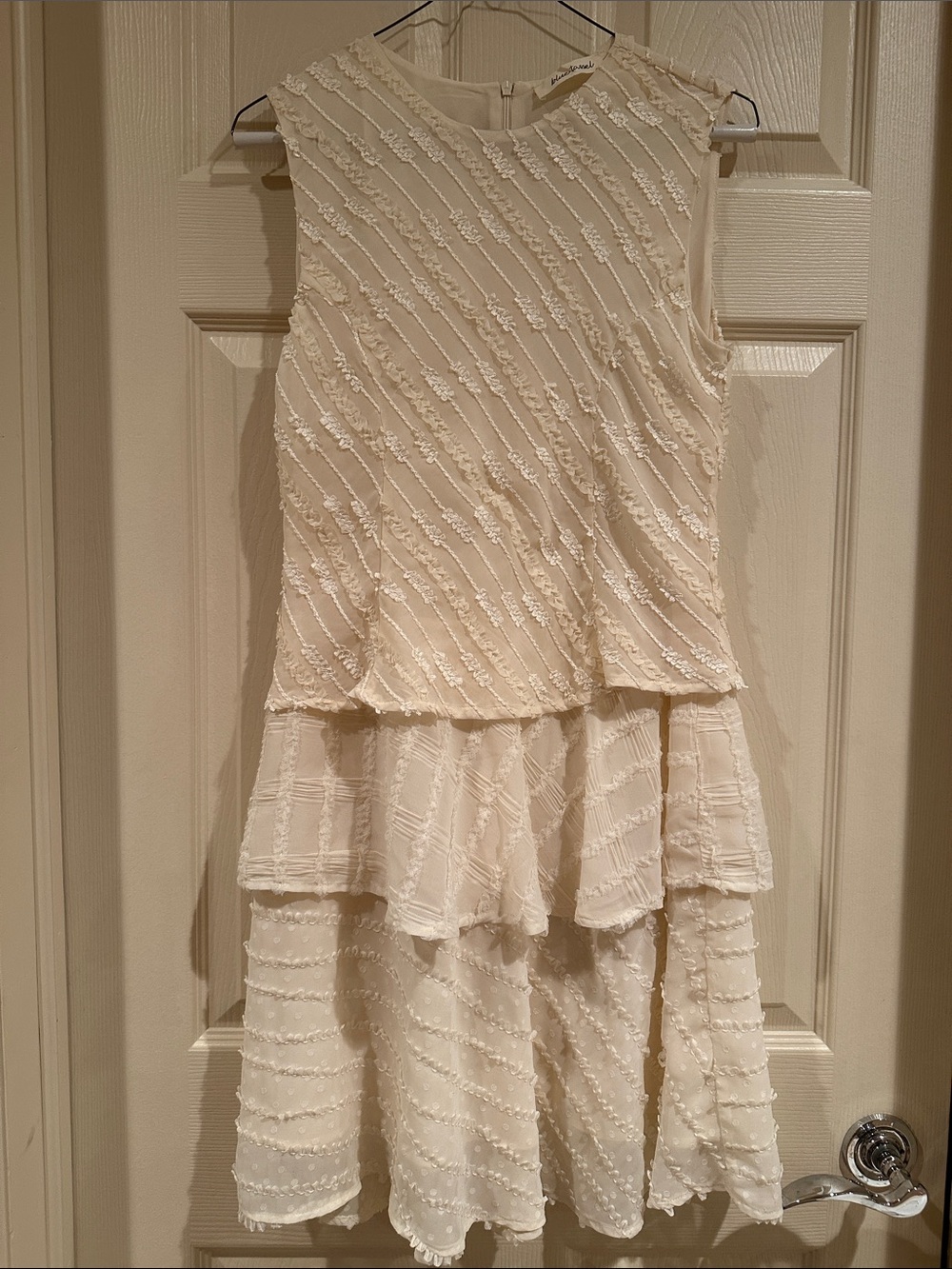 Sleeveless Cream Tiered Midi Dress with Textured Stripes